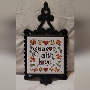 Vintage Cast Iron and Tile Trivet with Message, 'Season With Love'